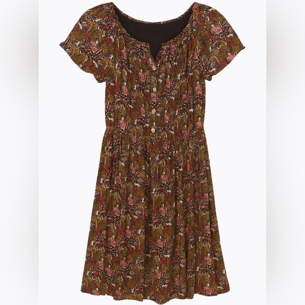 LOFT Botanical Print Dress Small Drawstring Waist Boho Fall Teacher Artsy